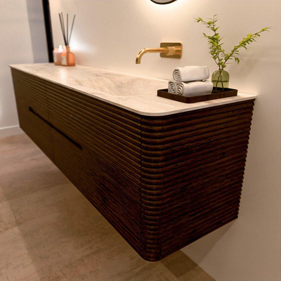 Mondiaz CIRO-DLUX Badkamermeubelset - 190x45x50cm - Solid surface wastafel Frappe - 1 wasbak Rechts - zonder kraangaten - 4 lades - Walnut