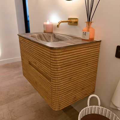Mondiaz CIRO-DLUX Meuble de salle de bains - 80x45x50cm - Plan vasque solid surface Sombra - 1 vasque au milieu - sans trous de robinet - 2 tiroirs - Chêne