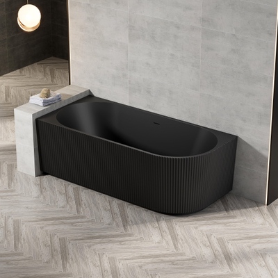 Zeza Nuo Half Vrijstaand Bad - 170x80x58cm - links - ribbel - met afvoer - mat zwart OUTLETSTORE