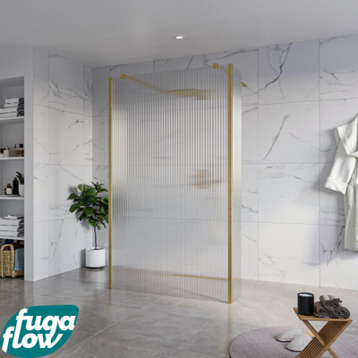 FugaFlow Eccelente Vetro Douche à l'italienne - 120x200cm - verre clair nervuré - anticalcaire - verre de sécurité 8mm - 2 parois latérales 40cm - avec bras muraux et profilés d'angle - Laiton brossé (doré)