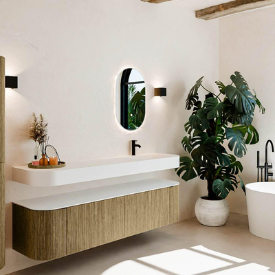 MONDIAZ THOR 180cm meuble de salle de bains arrondi gauche + droite couleur Dusk avec 2 tiroirs et 2 portes. Vasque suspendue CLOUD Droite 1 trou de robinet couleur Talc.