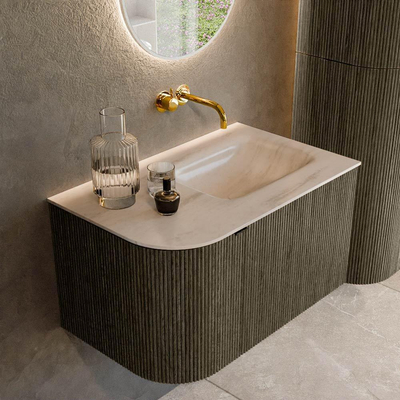 MONDIAZ KURVE-DLUX Meuble de salle de bains 75cm arrondi à gauche couleur Shadow avec 1 tiroir et 1 porte. Lavabo GRUNNE à droite sans trou de robinet Meli.