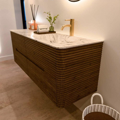 Mondiaz CIRO-DLUX Badkamermeubelset - 140x45x50cm - Solid surface wastafel Glace - 1 wasbak Rechts - 1 kraangat - 4 lades - Dusk