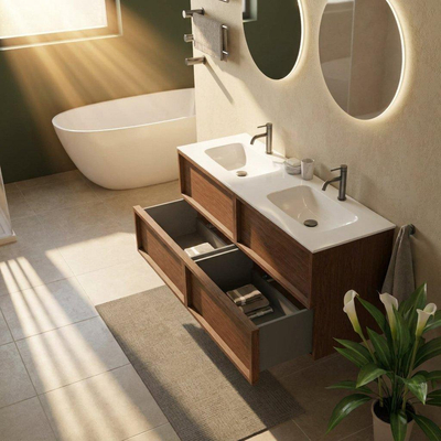 Saniclass Holz Frame Ensemble de meubles de salle de bains - 140x45x61.5cm - lavabo Flow en solid surface blanc - 2 vasques - 2 trous de robinet - 4 tiroirs - walnut pure mat (bois)