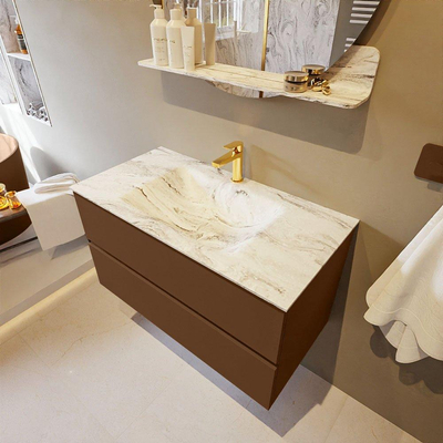 Mondiaz VICA-DLUX Ensemble de meuble de salle de bain - 90cm - meuble sous-vasque reposant - 2 tiroirs - lavabo encastrée cloud milieu - 1 trou de robinet - version haute de 60cm - glace