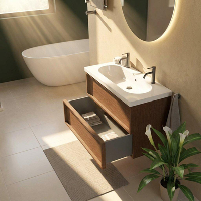 Saniclass Holz Frame Ensemble meuble de salle de bains - 100x45x63.5cm - lavabo en céramique Palermo blanc - 1 vasque - 2 trous de robinet - 2 tiroirs - noyer pure mat (bois)