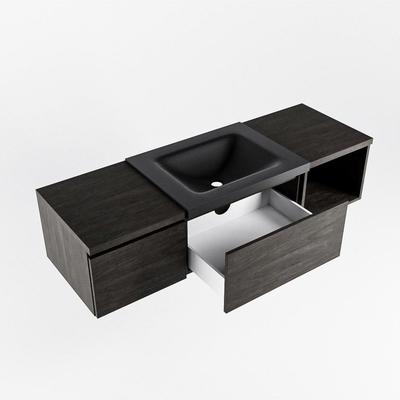 MONDIAZ BUKLA Meuble de salle de bains 140 cm avec module ouvert 40 à droite couleur Dark Brown avec 2 tiroirs. Lavabo CLOUD à droite 0 trou de robinet couleur Urban.