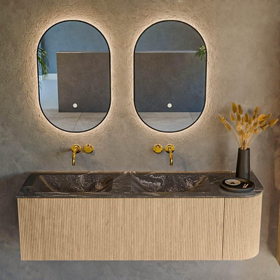 MONDIAZ KURVE-DLUX 145cm Meuble salle de bain avec module 25 D - couleur Oak - 1 tiroir - 1 porte - vasque LEAF double / gauche - sans trou de robinet - couleur Lava