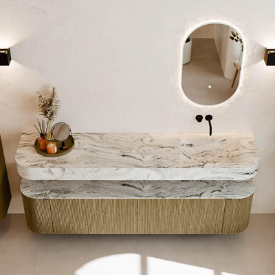 MONDIAZ THOR-DLUX Meuble de salle de bains - 190cm - arrondi gauche + droite - couleur Dusk - 2 tiroirs et 2 portes - Vasque suspendue CLOUD Droite sans trou de robinet - couleur Glace