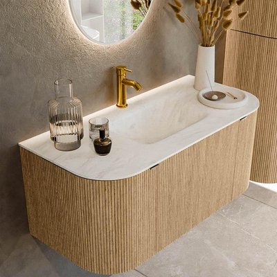 MONDIAZ KURVE-DLUX Meuble de salle de bains 100cm avec module 25 Len R couleur Chêne avec 1 tiroir et 2 portes. Lavabo GRUNNE central 1 trou de robinet couleur Opalo.