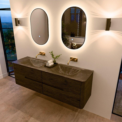 Mondiaz CIRO-DLUX Ensemble de meuble de salle de bains - 160x45x50cm - Plan vasque solid surface Lava - 2 vasques double - sans trous de robinet - 4 tiroirs - Shadow