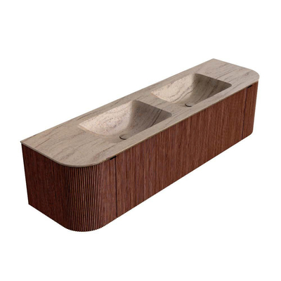 MONDIAZ KURVE-DLUX Meuble de salle de bains 170cm arrondi Gauche + Droite couleur Ruby avec 1 tiroir et 2 portes. Lavabo LEAF Double sans trou de robinet Saba.