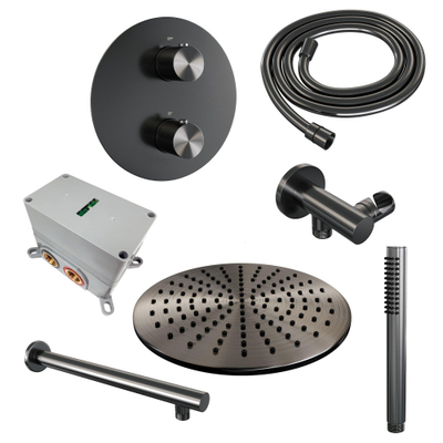 BRAUER Gunmetal Edition thermostatische Inbouw Regendouche - 3-weg - rond - set 74 - 30cm hoofddouche - rechte muurarm - staaf handdouche - doucheslang - wandaansluitbocht - gunmetal geborsteld PVD