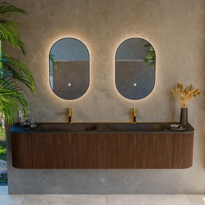 MONDIAZ KURVE 200cm Meuble salle de bain avec module 25 G et D - couleur Walnut - 2 tiroirs - 2 portes - vasque BIG SMALL double - 2 trous de robinet - Urban