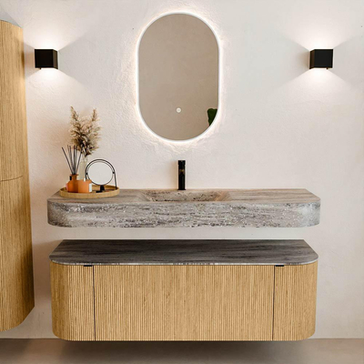 MONDIAZ THOR-DLUX 140cm badmeubel ronding links + rechts kleur Oak met 1 lade en 2 deuren. Vrijhangende wastafel CLOUD Midden 1 kraangat kleur Oza.