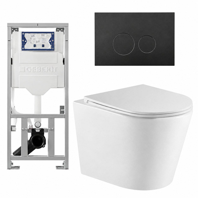 QeramiQ Dely Toiletset - 36.3x51.7cm - diepspoel - rimless - Geberit UP320 inbouwreservoir - met Burda frame - softclose toiletzitting - mat zwarte bedieningsplaat - ronde knoppen - mat wit