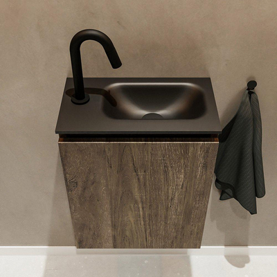 MONDIAZ TURE Kit lave-mains - 40x23x50cm - 1 trou de robinet - 1 porte - marron foncé mat - Lavabo à droite - Solid Surface Noir