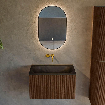 MONDIAZ KURVE 70cm badmeubel kleur Walnut met 1 lade. Wastafel BIG SMALL midden zonder kraangat Urban.