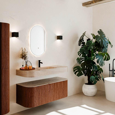 MONDIAZ THOR-DLUX 120cm meuble de salle de bains arrondi gauche + droite couleur Ruby avec 1 tiroir et 2 portes. Vasque suspendue CLOUD Milieu 1 trou de robinet couleur Saba.