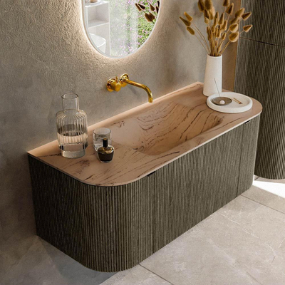 MONDIAZ KURVE-DLUX meuble de salle de bains 110cm arrondi gauche + droite couleur Shadow avec 1 tiroir et 2 portes. Lavabo CLOUD central sans trou de robinet Arena.