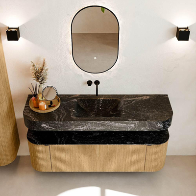 MONDIAZ THOR-DLUX 150cm meuble de salle de bains arrondi gauche + droite couleur Oak avec 1 tiroir et 2 portes. Vasque suspendue CLOUD Milieu sans trou de robinet couleur Lava.