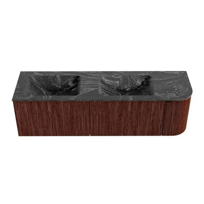 Mondiaz KURVE-DLUX Ensemble de meuble de salle de bains - 155x46x40cm - 2 tiroirs - 1 porte - lavabo solid surface - double / gauche - sans trou de robinet - Ruby