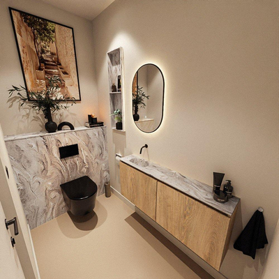 MONDIAZ TURE-DLUX Meuble toilette - 120cm - Washed Oak - EDEN - vasque Glace - position gauche - sans trou de robinet