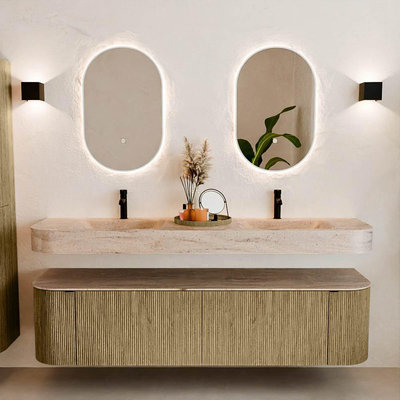 MONDIAZ THOR-DLUX 180cm meuble de salle de bains arrondi gauche + droite couleur Dusk avec 2 tiroirs et 2 portes. Vasque suspendue CLOUD Double 2 trous de robinet couleur Saba.