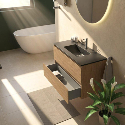 Saniclass Holz Pure Ensemble de meubles de salle de bains - 100x45x62cm - Lavabo Vygo en céramique noir - 1 vasque - 1 trou de robinetterie - 2 tiroirs - chêne natural mat (bois)