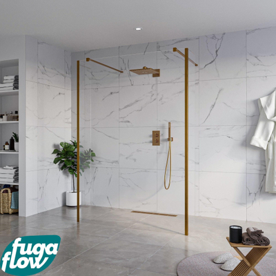 FugaFlow Eccelente Vetro Vrijstaande inloopdouche badkamer - 140x200cm - Helder - antikalk - 8mm veiligheidsglas - 2 zijwanden 30cm - met wandarmen en hoekprofielen - Koper geborsteld -