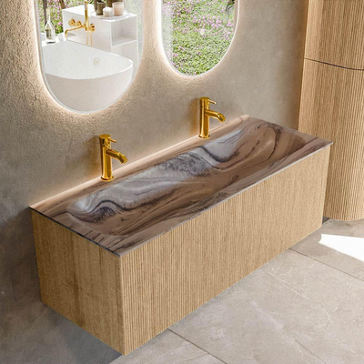MONDIAZ KURVE-DLUX Meuble de salle de bains 120 cm couleur Oak avec 1 tiroir et 0 porte. Lavabo BIG LARGE Central 2 trous de robinet Sombra.