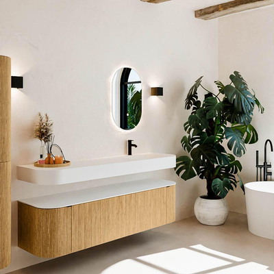 MONDIAZ THOR 170cm meuble de salle de bains arrondi gauche + droite couleur Oak avec 1 tiroir et 2 portes. Vasque suspendue CLOUD Droite 1 trou de robinet couleur Talc.