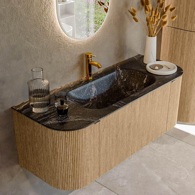 MONDIAZ KURVE-DLUX 120cm badmeubel met module 25 Len R kleur Oak met 1 lade en 2 deuren. Wastafel BIG SMALL midden 1 kraangat kleur Lava.