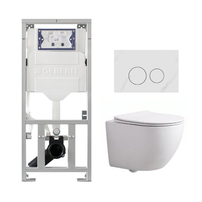 Pack WC QeramiQ Dely Swirl Compact - réservoir encastrable Geberit UP320 - avec bâti-support Burda - abattant slim - plaque de commande en pierre naturelle marbre blanc - boutons ronds - blanc brillant