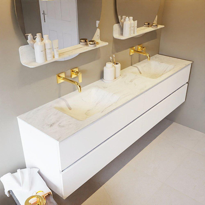 Mondiaz VICA-DLUX ensemble de meuble de salle de bain - 200cm - meuble sous-vasque talc - 4 tiroirs - lavabo encastré cloud double - sans trous de robinet - version haute de 60cm - opalo