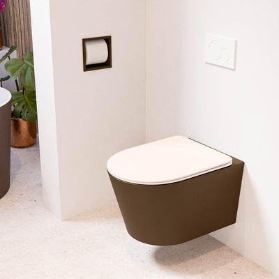 Mondiaz LAVIE hangtoilet – spoelrandloos – 36 x 53 cm – met softclose zitting – Rust (bruin), zitting Rosee (roze)