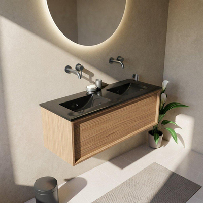 Saniclass Holz Frame Ensemble meuble de salle de bains - 120x45x42cm - Lavabo Vygo en céramique noir - 2 vasques - sans trous de robinetterie - 1 tiroir - chêne natural mat (bois)