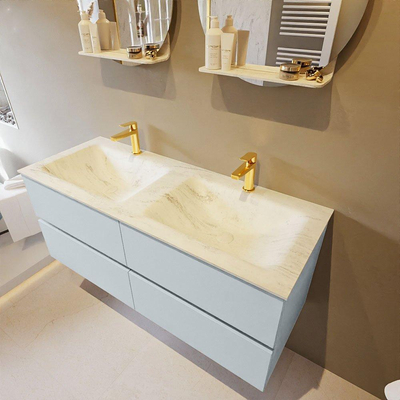 Mondiaz VICA-DLUX ensemble de meuble de salle de bain - 120cm - meuble sous-vasque argile - 4 tiroirs - lavabo encastré nuage double - 2 trous de robinet - version haute de 60cm - opalo