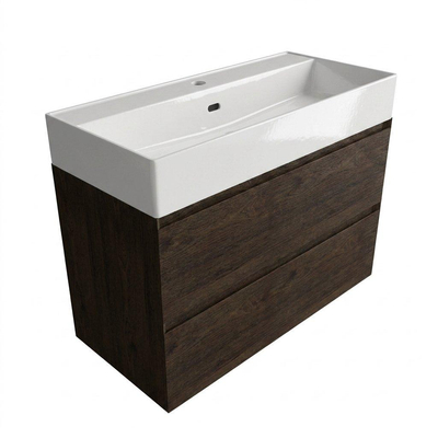 Saniclass Holz Pure Ensemble de meuble de salle de bains - 100x45x72cm - vasque en céramique Legend blanche - 1 vasque - 2 trous de robinetterie - 2 tiroirs - chêne charcoal mat (bois)