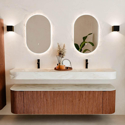 MONDIAZ THOR-DLUX 180cm meuble de salle de bains arrondi gauche + droite couleur Ruby avec 2 tiroirs et 2 portes. Vasque suspendue CLOUD Double 2 trous de robinet couleur Ostra.