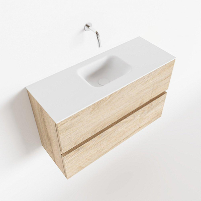 MONDIAZ ADA Toiletmeubel 80x30x50cm met 0 kraangaten 2 lades washed oak mat Wastafel Lex midden Solid Surface Wit