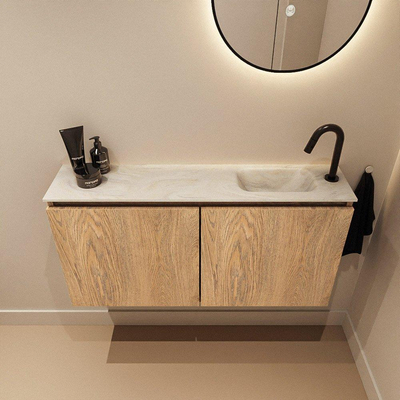 MONDIAZ TURE-DLUX Meuble de WC 100cm Washed Oak. Lavabo EDEN Ostra position droite. Avec 1 trou de robinet.