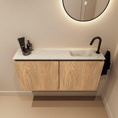 MONDIAZ TURE-DLUX Meuble toilette - 100cm - Washed Oak - EDEN - vasque Ostra - position droite - 1 trou de robinet