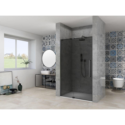 Van Rijn Products ST08 Nis Draaideur - 120x200cm - grijs rookglas - dikte 8mm - 2 delig - muurprofiel - stabilisatiestang - Zwart