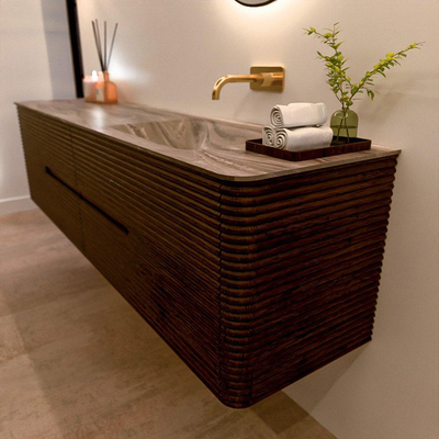Mondiaz CIRO-DLUX Badkamermeubelset - 190x45x50cm - Solid surface wastafel Sombra - 1 wasbak Rechts - zonder kraangaten - 4 lades - Walnut