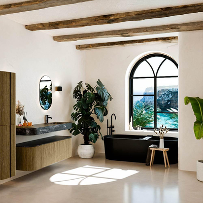 MONDIAZ THOR-DLUX 150cm meuble de salle de bains arrondi gauche + droite couleur Dusk avec 1 tiroir et 2 portes. Vasque suspendue CLOUD Droite 1 trou de robinet couleur Lava.