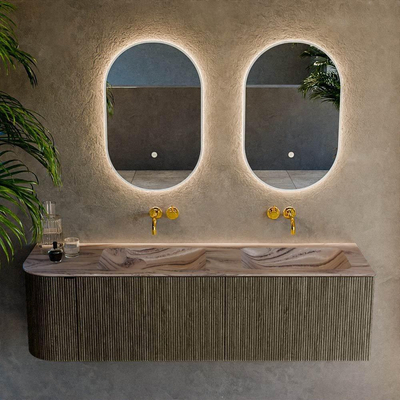 MONDIAZ KURVE-DLUX Meuble de salle de bains 155cm arrondi à gauche couleur Shadow avec 2 tiroirs et 1 porte. Lavabo LEAF Double / Droite sans trou de robinet Sombra.