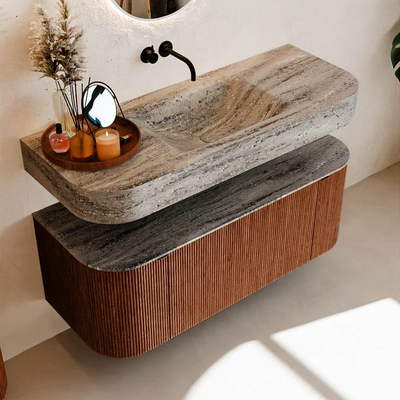 MONDIAZ THOR-DLUX 120cm meuble de salle de bains arrondi gauche + droite couleur Ruby avec 1 tiroir et 2 portes. Vasque suspendue CLOUD Milieu sans trou de robinet couleur Oza.