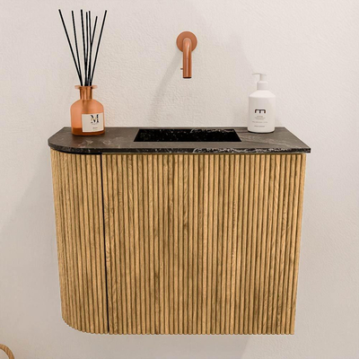 Mondiaz JOYA-DLUX 51.6cm toiletmeubel - ronding links kleur Oak - Wastafel FAYE positie Rechts Zonder kraangat kleur Lava.