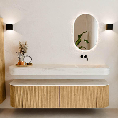 MONDIAZ THOR-DLUX 180cm meuble de salle de bains arrondi gauche + droite couleur Oak avec 2 tiroirs et 2 portes. Vasque suspendue CLOUD droite sans trou de robinet couleur Meli.